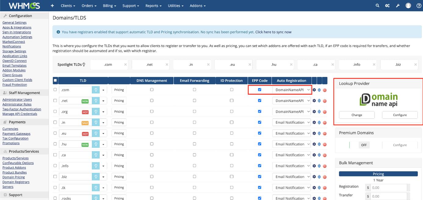 Domain Name API WHMCS Domain Pricing Settings 2