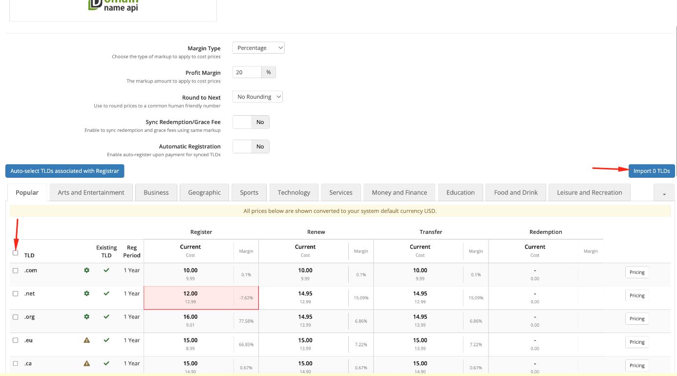 Domain Name API WHMCS Pricing 2
