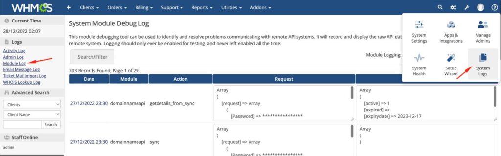 Domain Name API WHMCS Error Details