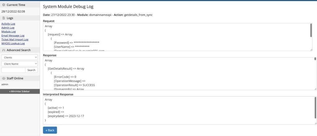 Domain Name API WHMCS Error Details 2