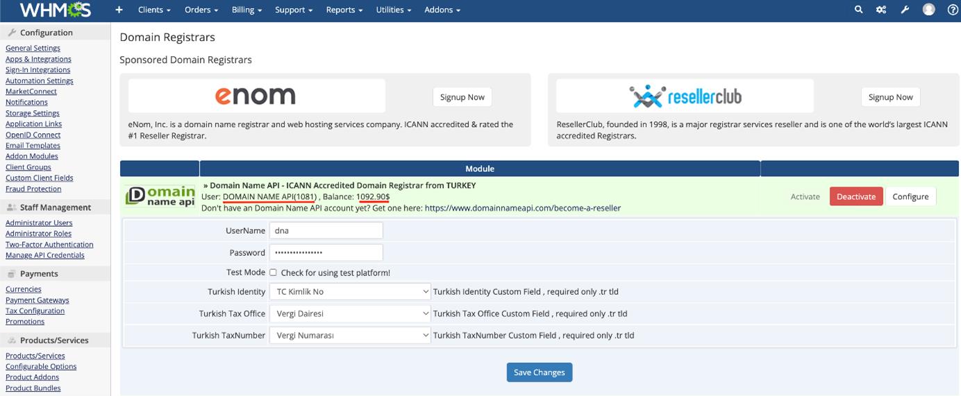 Domain Name API WHMCS Module User Information