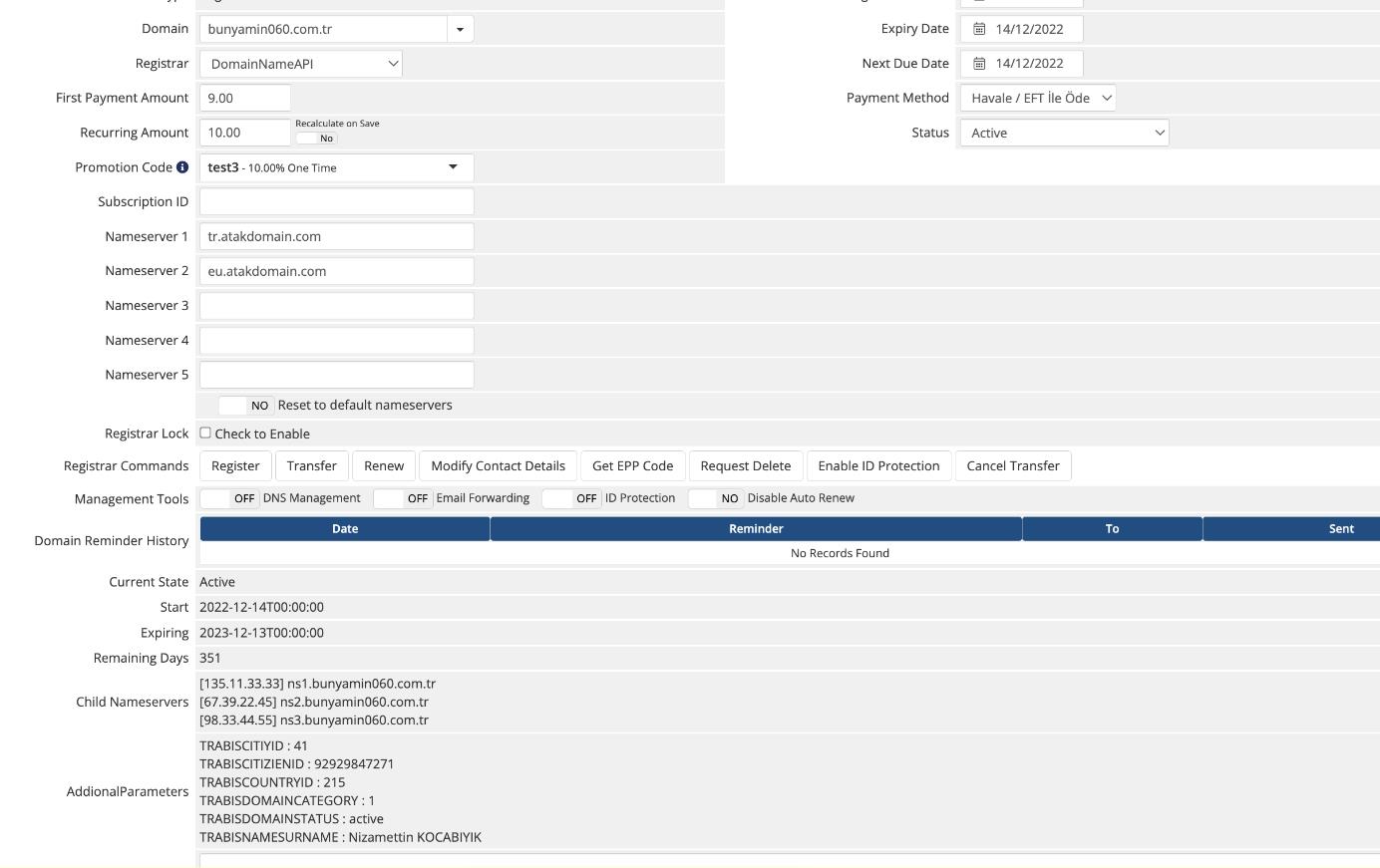 Domain Name API WHMCS Admin Panel View