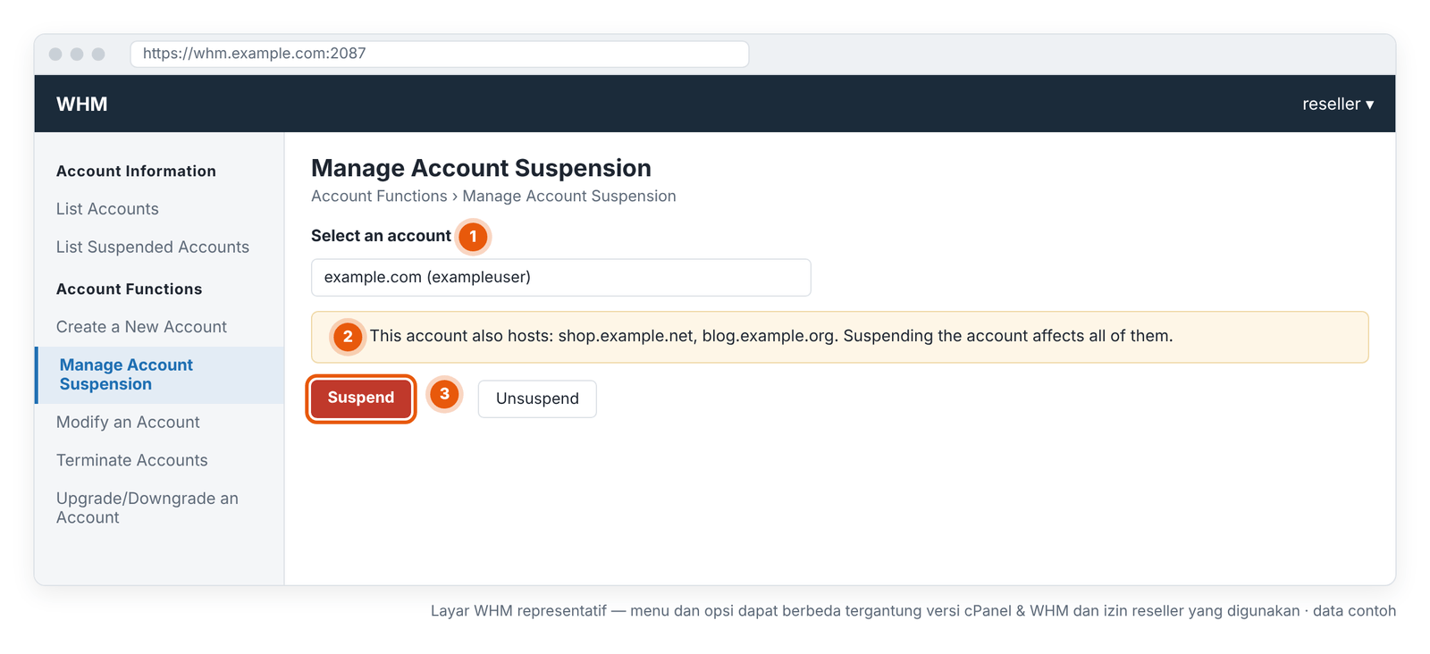 Gambar 6 – Manage Account Suspension: pilih akun, lalu Suspend. Layar WHM representatif — menu dan opsi dapat berbeda tergantung versi cPanel & WHM dan izin reseller yang digunakan.