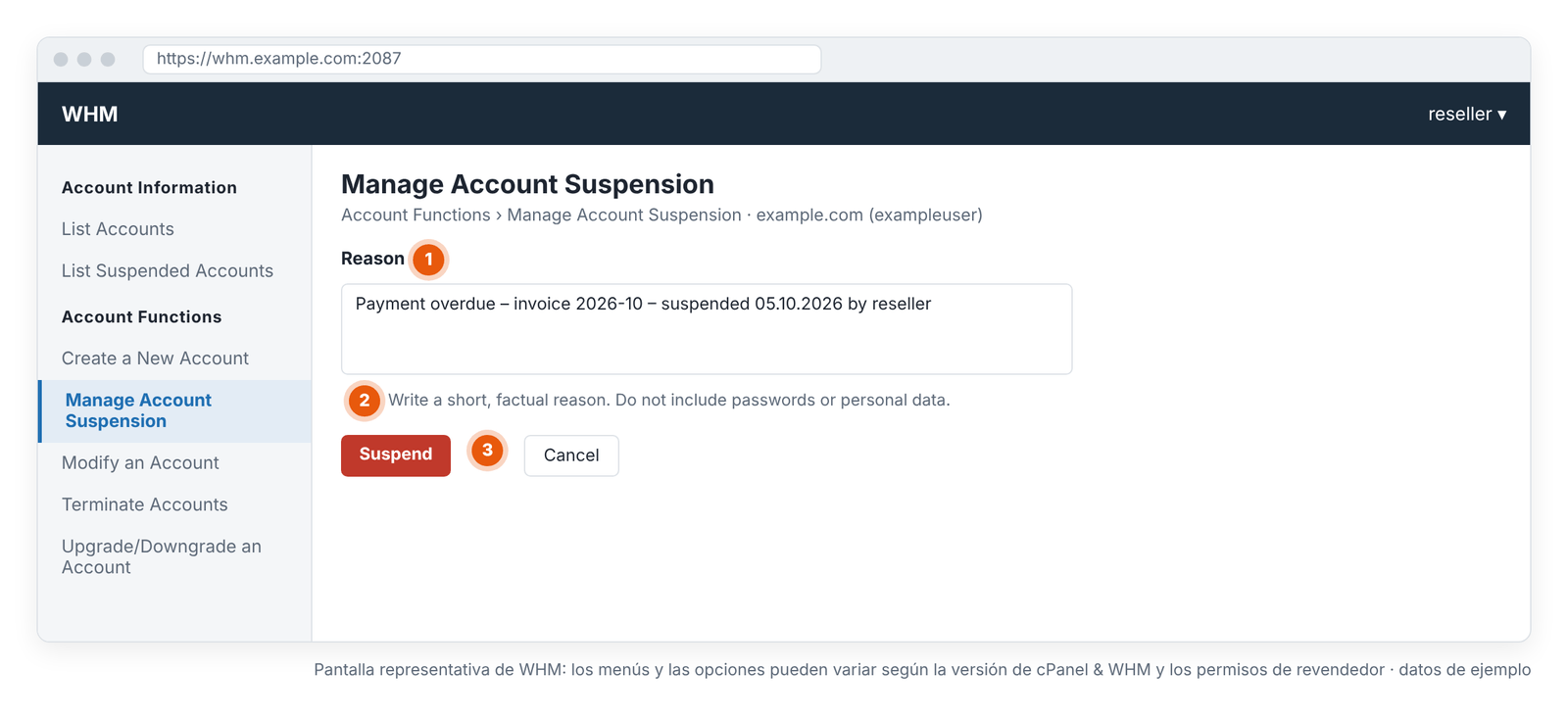 Figura 7 – Campo del motivo: una explicación breve, objetiva y sin datos personales. Pantalla representativa de WHM: los menús y las opciones pueden variar según la versión de cPanel & WHM y tus permisos de revendedor.