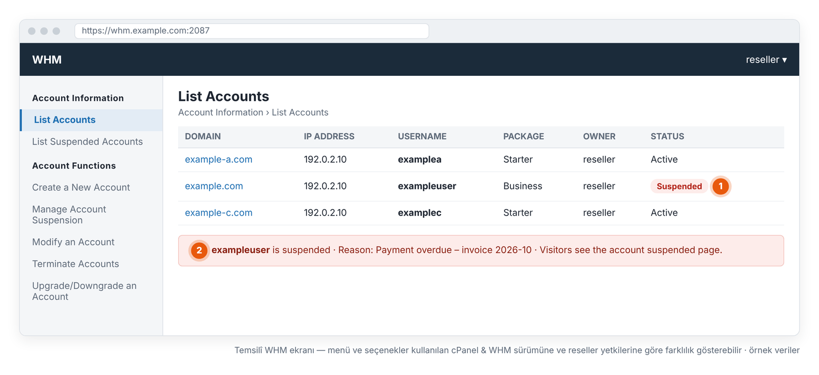 Görsel 8 – Askıdaki hesap: List Accounts'ta Suspended durumu ve askı nedeni. Temsilî WHM ekranı — menü ve seçenekler kullanılan cPanel & WHM sürümüne ve reseller yetkilerine göre farklılık gösterebilir.