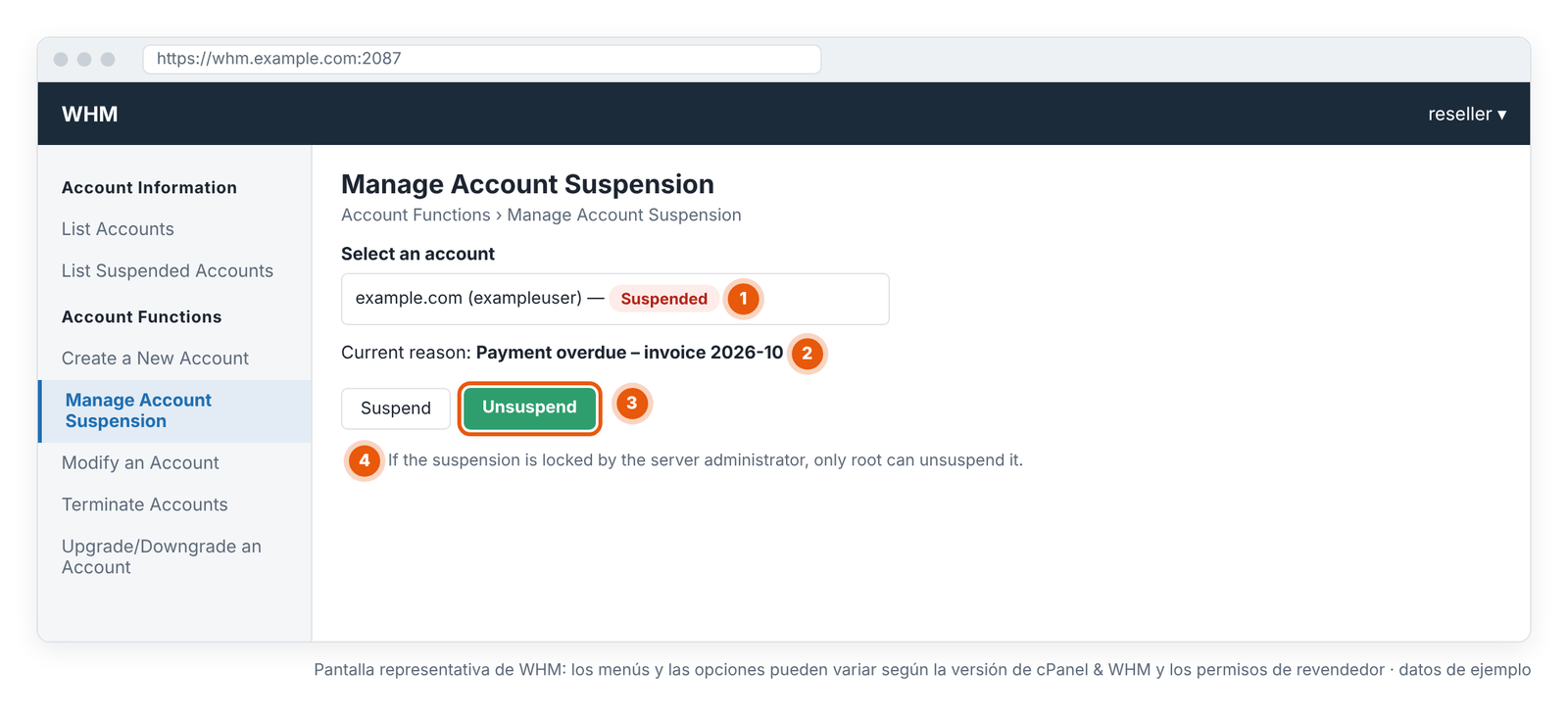 Figura 9 – Manage Account Suspension: lee el motivo de la suspensión y pulsa Unsuspend. Pantalla representativa de WHM: los menús y las opciones pueden variar según la versión de cPanel & WHM y tus permisos de revendedor.