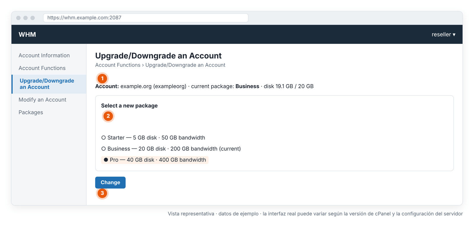 Pantalla 6 – WHM › Upgrade/Downgrade an Account: pasar a un cliente a otro paquete (vista representativa).