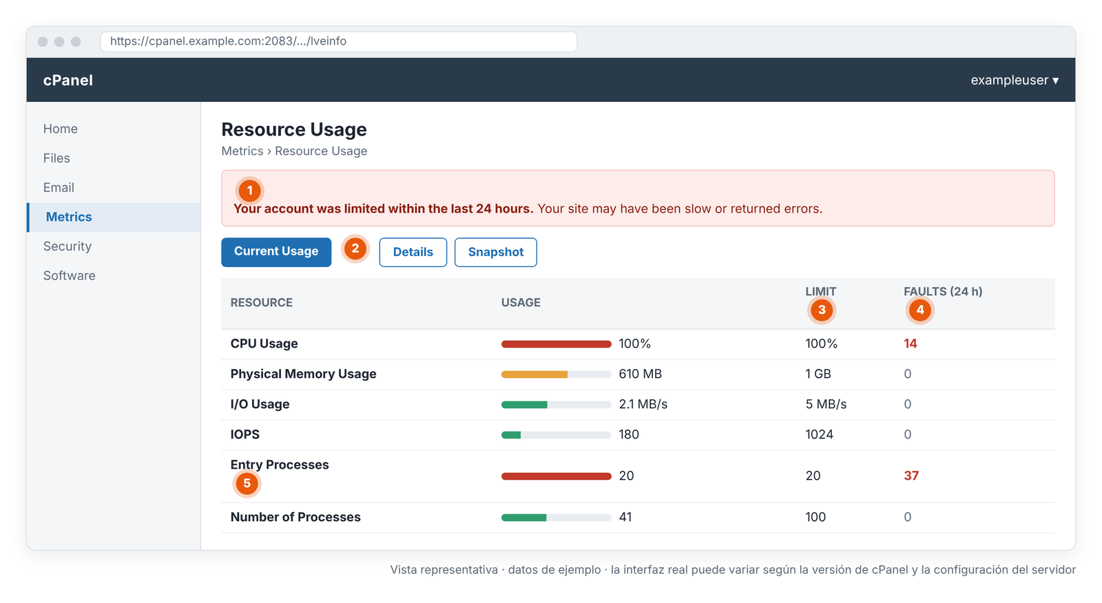 Pantalla 4 – cPanel › Metrics › Resource Usage: la pantalla que muestra qué límite se alcanzó (vista representativa).
