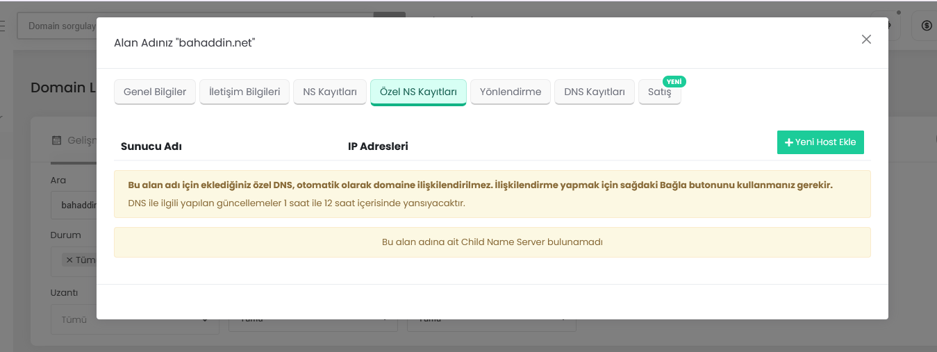 Görsel 2 – Özel NS Kayıtları sekmesi ve Yeni Host Ekle düğmesi.