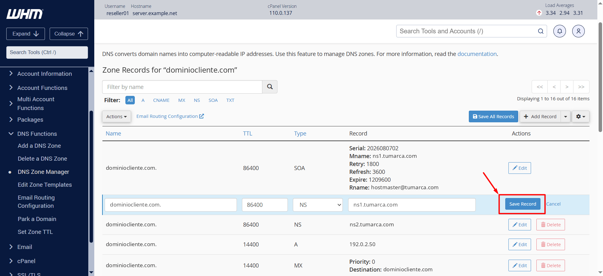 Figura 5 – WHM DNS Zone Manager: cambia el registro NS a ns1.tumarca.com y haz clic en Save Record. Los dominios, los datos del servidor y las IP son de ejemplo.