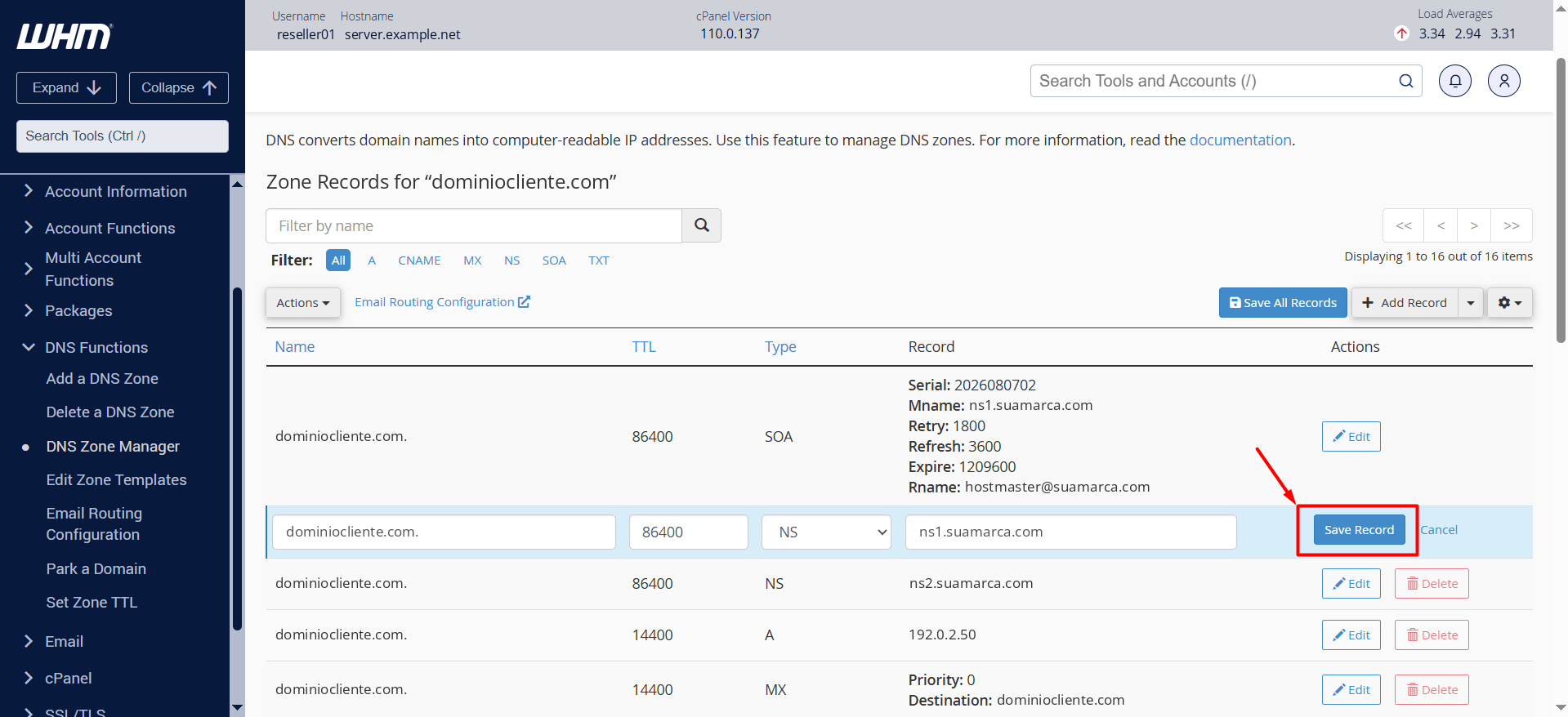 Figura 5 – WHM DNS Zone Manager: altere o registro NS para ns1.suamarca.com e clique em Save Record. Domínios, dados do servidor e IPs são exemplos.