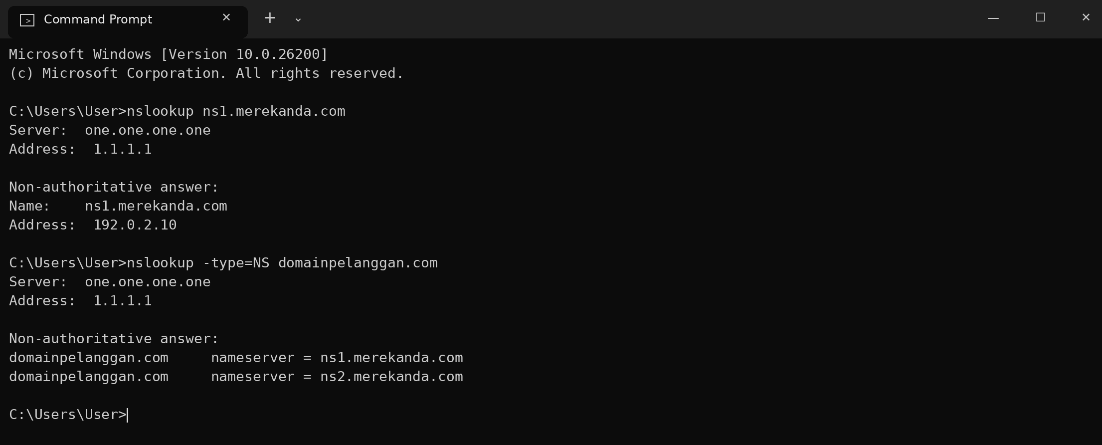 Gambar 6 – Contoh hasil: ns1 mengarah ke IP yang benar dan domain pelanggan menampilkan ns1/ns2. Domain dan IP yang ditampilkan adalah contoh.