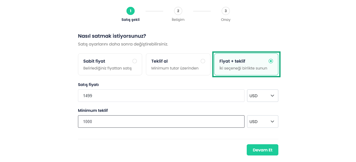 Fixed price, Accept offers and Price + offer options at the sale type step