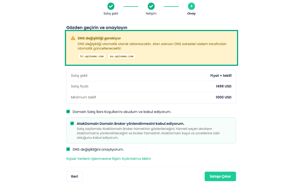 Confirm step with the nameserver change notice, sale summary and three checkboxes