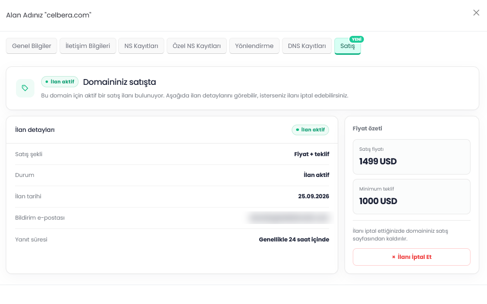 Listing active screen in the Sale tab with listing details and price summary