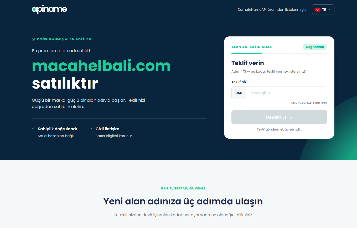 APIName-branded verified domain for-sale page with an offer form