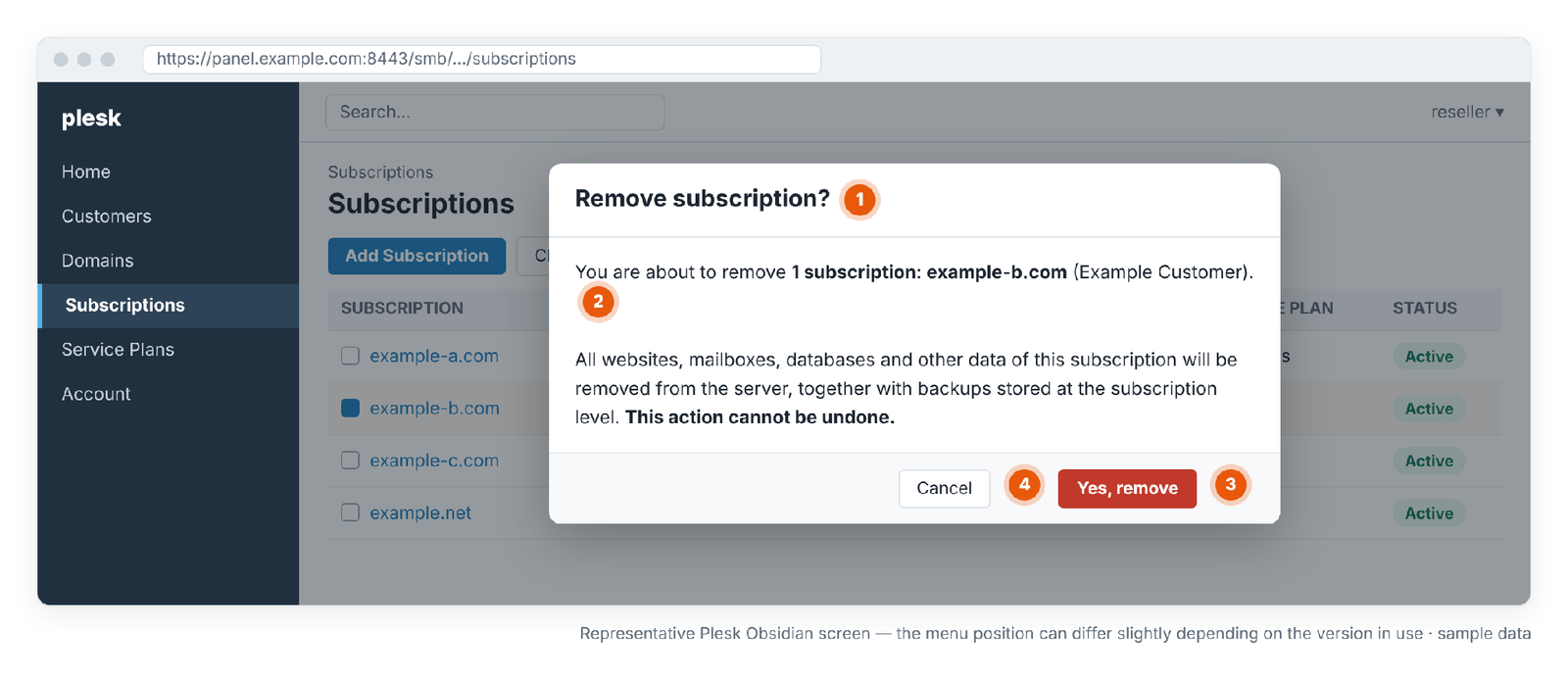 Figure 14 – Deletion confirmation: check the subscription name and scope one last time. Representative Plesk Obsidian screen — the menu position can differ slightly depending on the version in use.