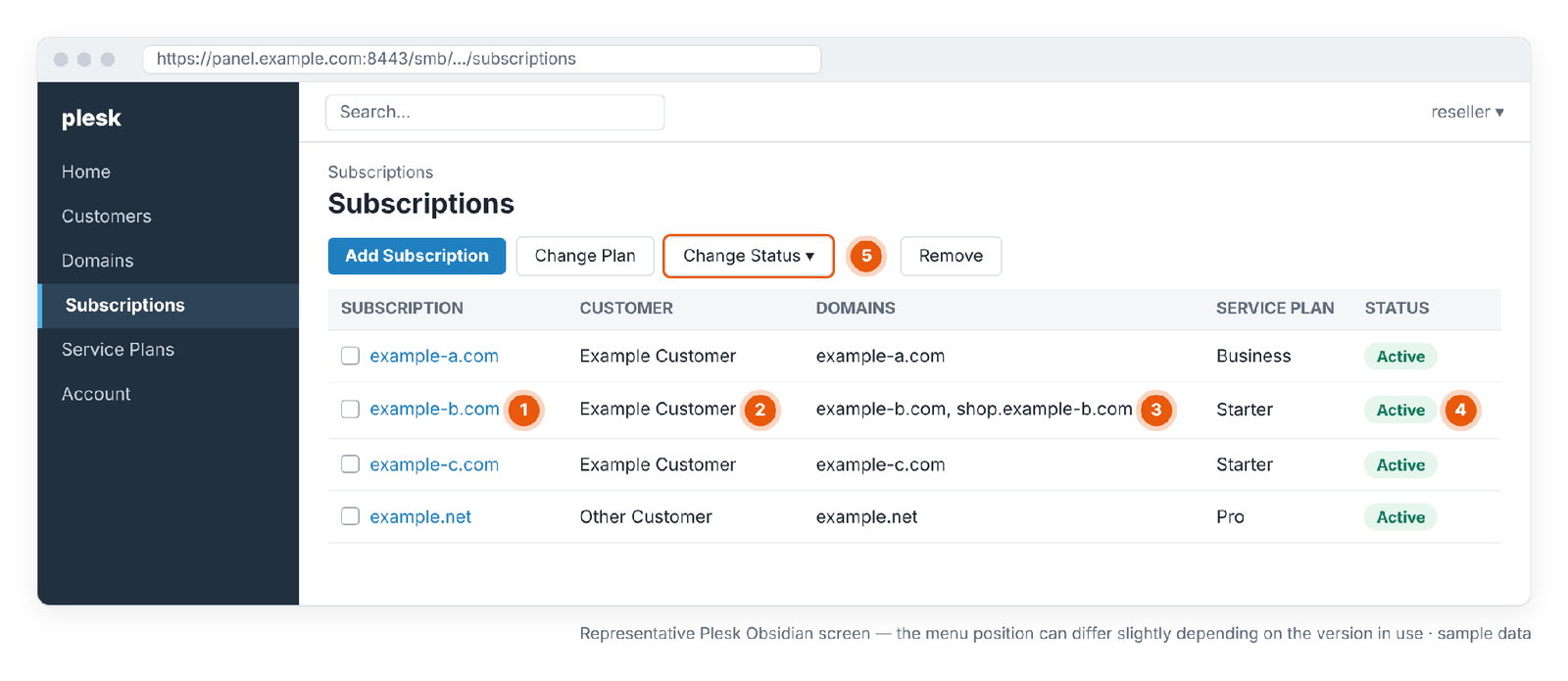 Figure 3 – The Subscriptions list: subscription, customer, domain and status. Representative Plesk Obsidian screen — the menu position can differ slightly depending on the version in use.