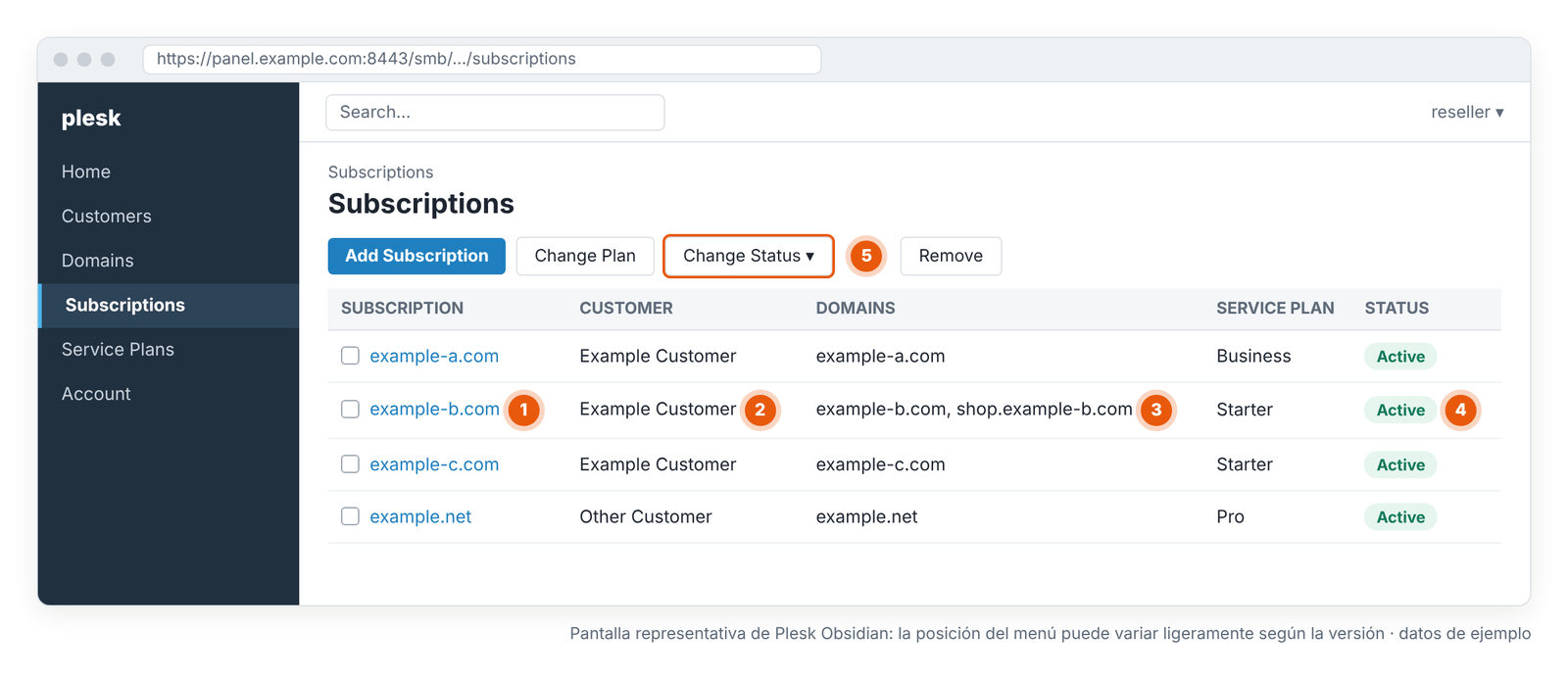 Figura 3 – La lista Subscriptions: suscripción, cliente, dominio y estado. Pantalla representativa de Plesk Obsidian: la posición del menú puede variar ligeramente según la versión que uses.