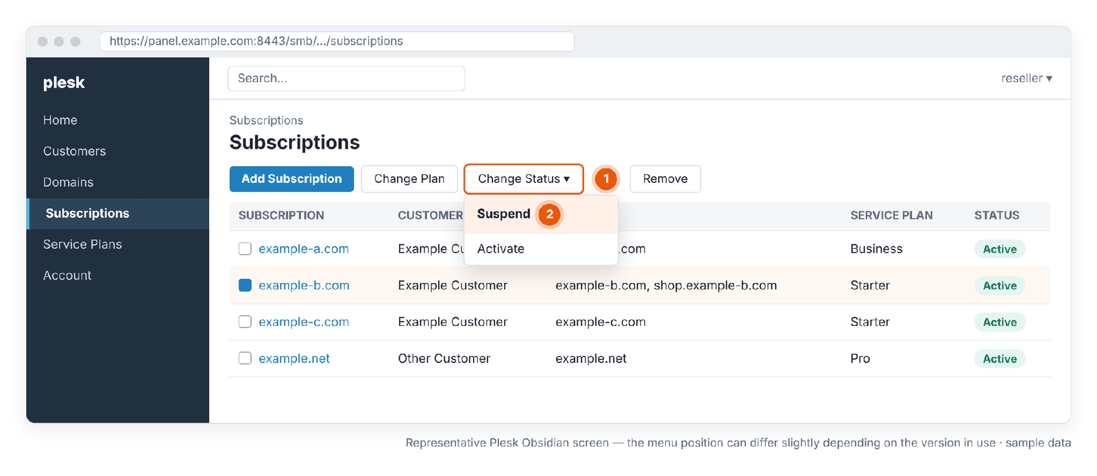 Figure 4 – Change Status › Suspend for the selected subscription. Representative Plesk Obsidian screen — the menu position can differ slightly depending on the version in use.