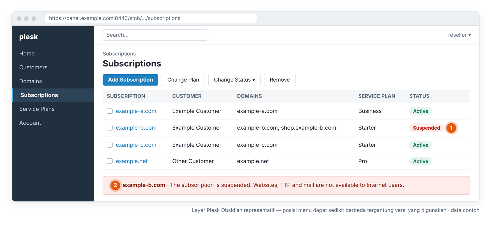 Gambar 5 – Subscription yang di-suspend: Suspended di kolom Status. Layar Plesk Obsidian representatif — posisi menu dapat sedikit berbeda tergantung versi yang digunakan.