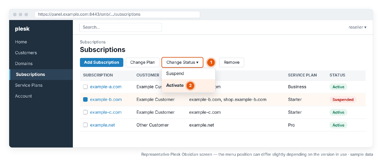Figure 6 – Change Status › Activate for a suspended subscription. Representative Plesk Obsidian screen — the menu position can differ slightly depending on the version in use.
