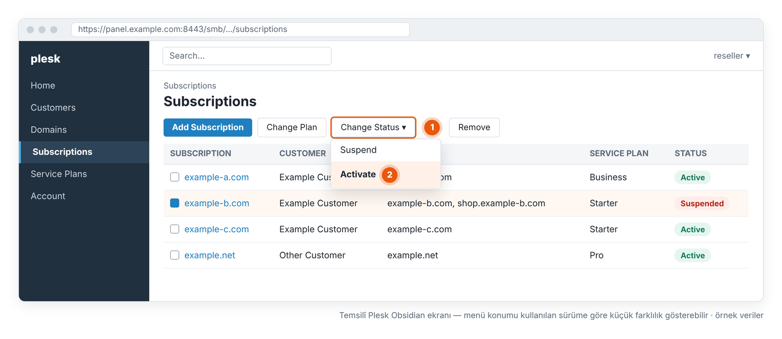 Görsel 6 – Askıdaki subscription için Change Status › Activate. Temsilî Plesk Obsidian ekranı — menü konumu kullanılan sürüme göre küçük farklılık gösterebilir.