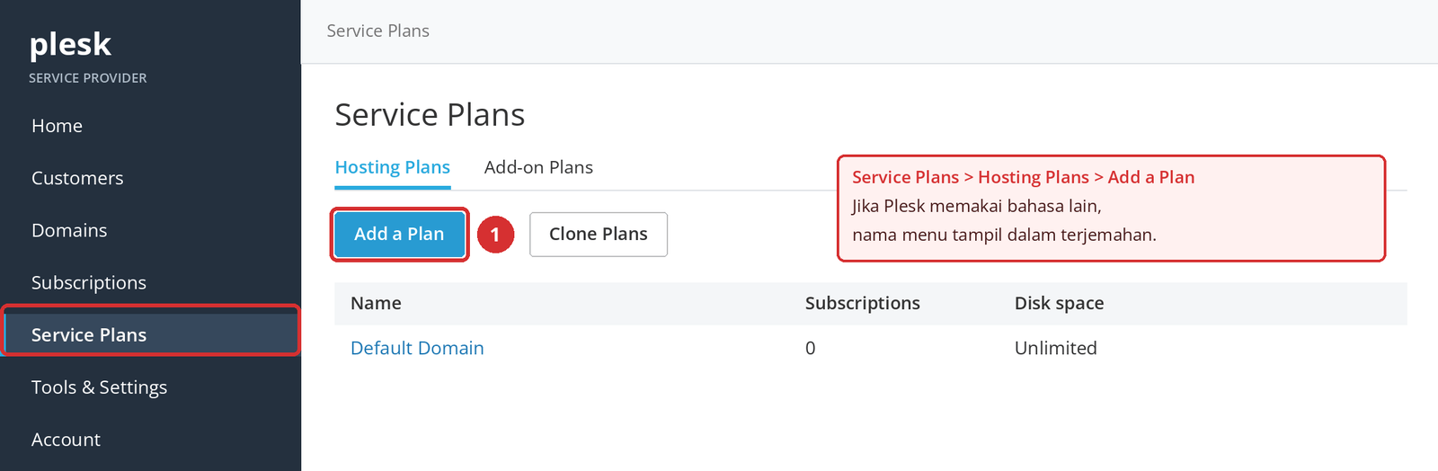 Gambar 2 – Service Plans > Hosting Plans > Add a Plan (1). Tampilan ilustrasi.