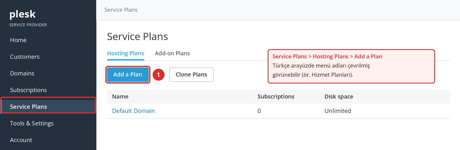 Görsel 2 – Service Plans > Hosting Plans > Add a Plan (1). Temsilî ekran.