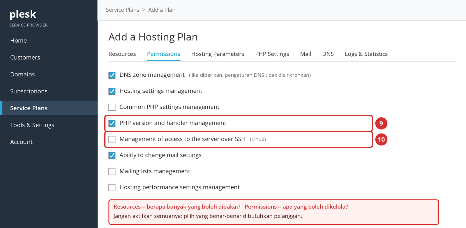 Gambar 5 – Permissions: pengelolaan versi PHP (9) dan akses SSH (10). Tampilan ilustrasi; opsi bisa berbeda tergantung server.
