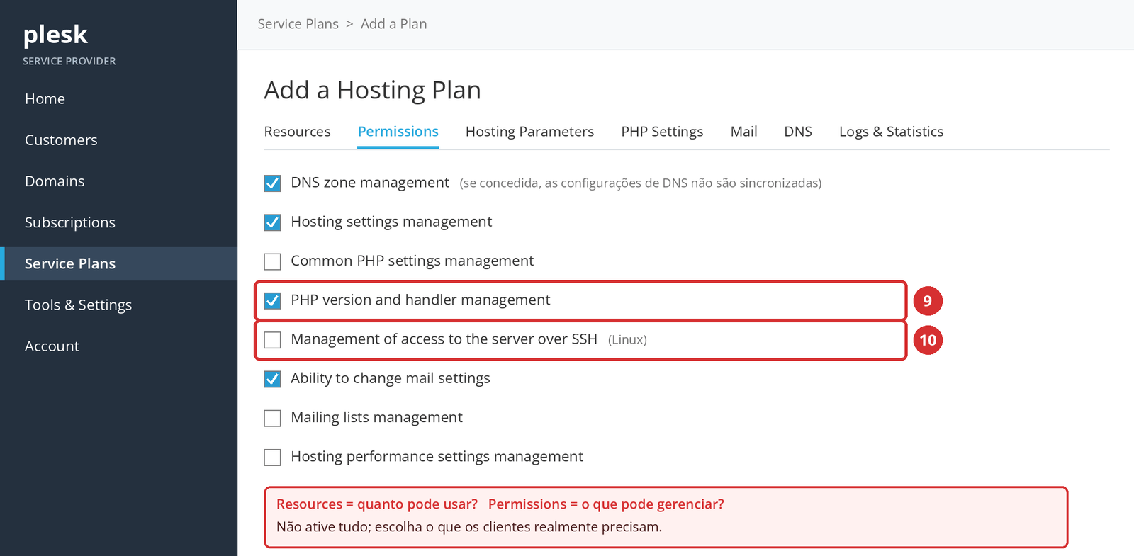 Figura 5 – Permissions: gerenciamento da versão do PHP (9) e acesso SSH (10). Tela ilustrativa; as opções podem variar conforme o servidor.