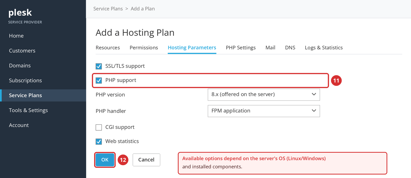 Figure 6 – Hosting Parameters: PHP support (11) and the OK button (12). Illustrative screen.