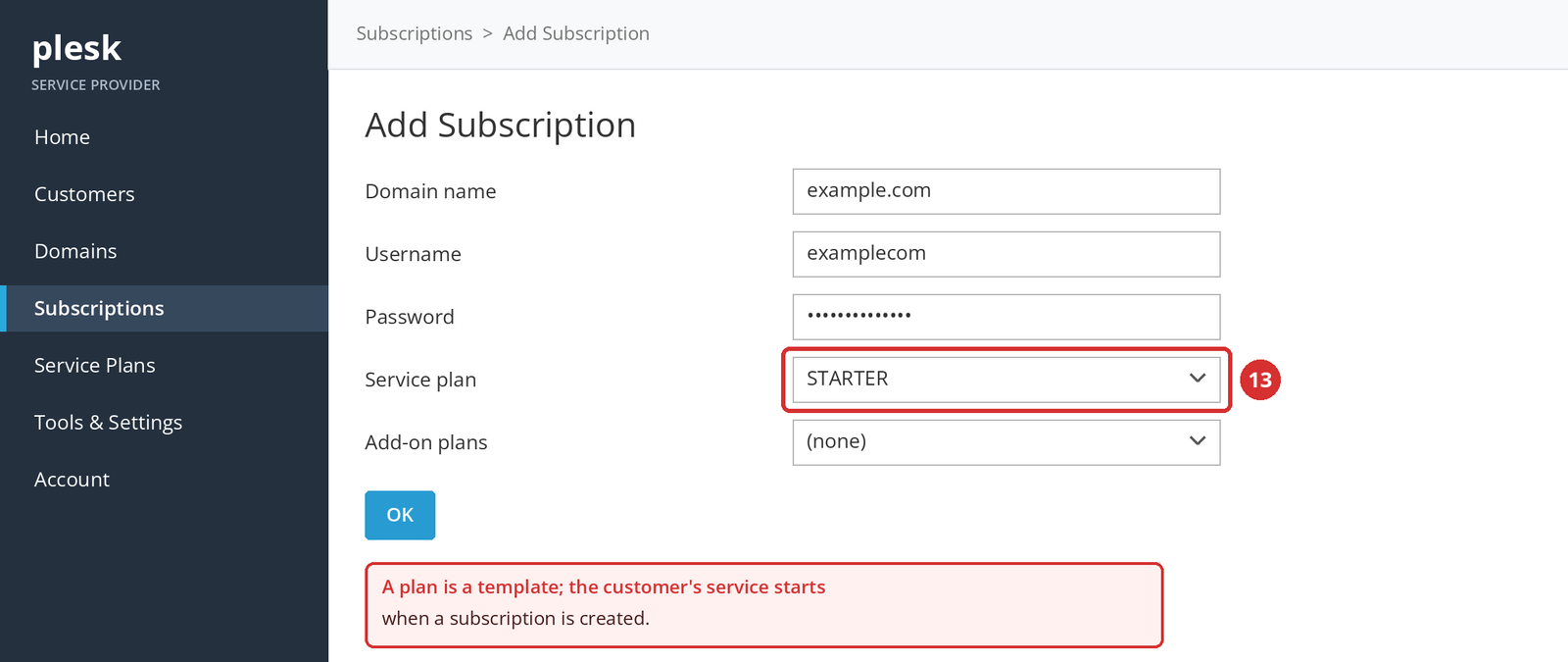 Figure 7 – Choosing the plan on the Add Subscription screen (13). Domain and user details are examples; illustrative screen.