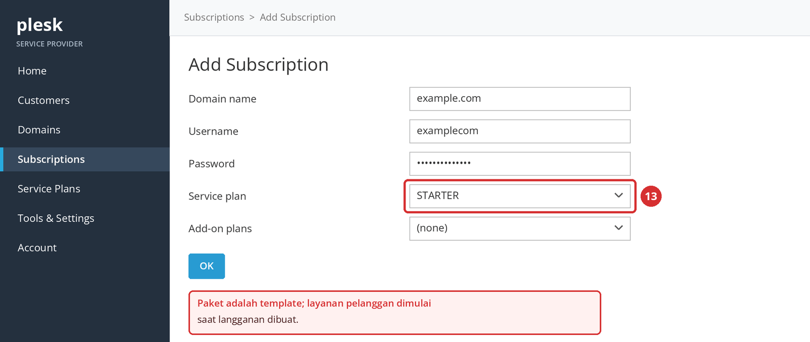 Gambar 7 – Memilih paket di halaman Add Subscription (13). Domain dan data pengguna hanya contoh; tampilan ilustrasi.