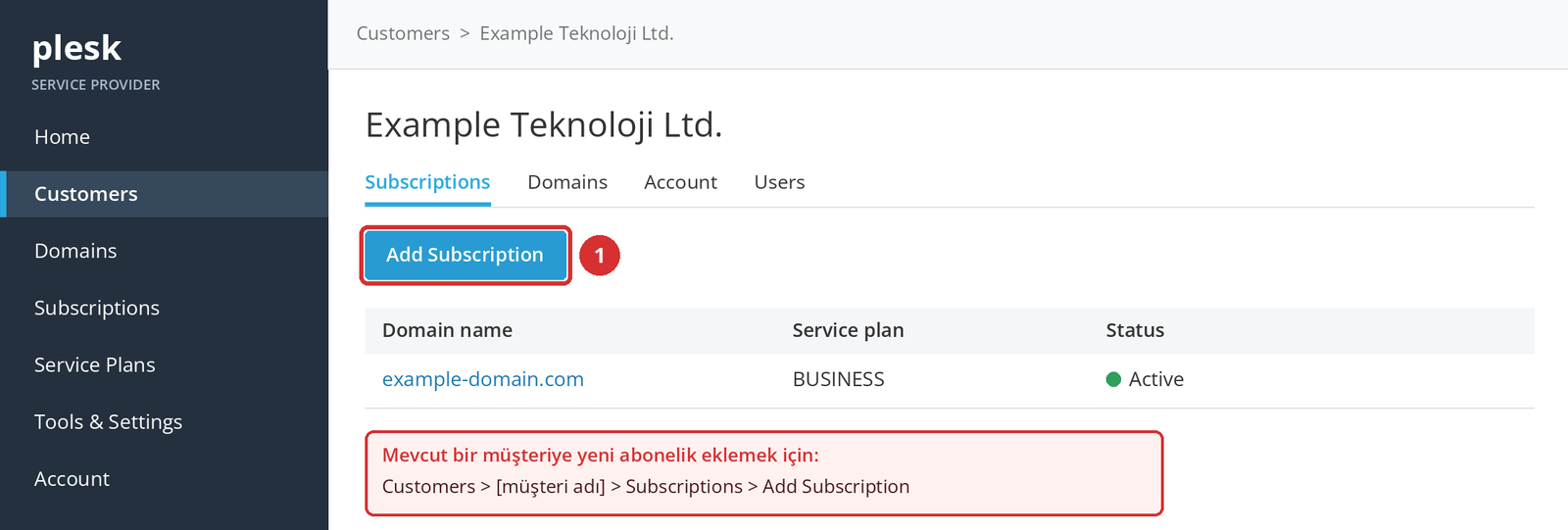 Görsel 7 – Mevcut müşterinin sayfasından Add Subscription (1). Temsilî ekran.
