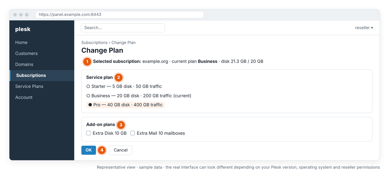 Screen 7 – Subscriptions › Change Plan: moving a subscription to another plan (representative view).