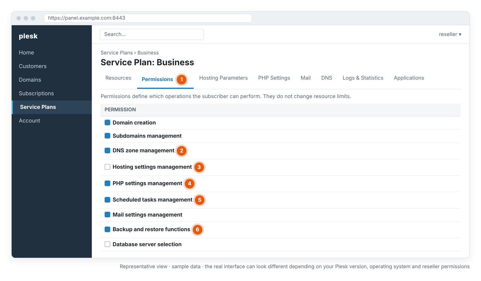 Screen 3 – Service Plan › Permissions: the features the customer can use (representative view).