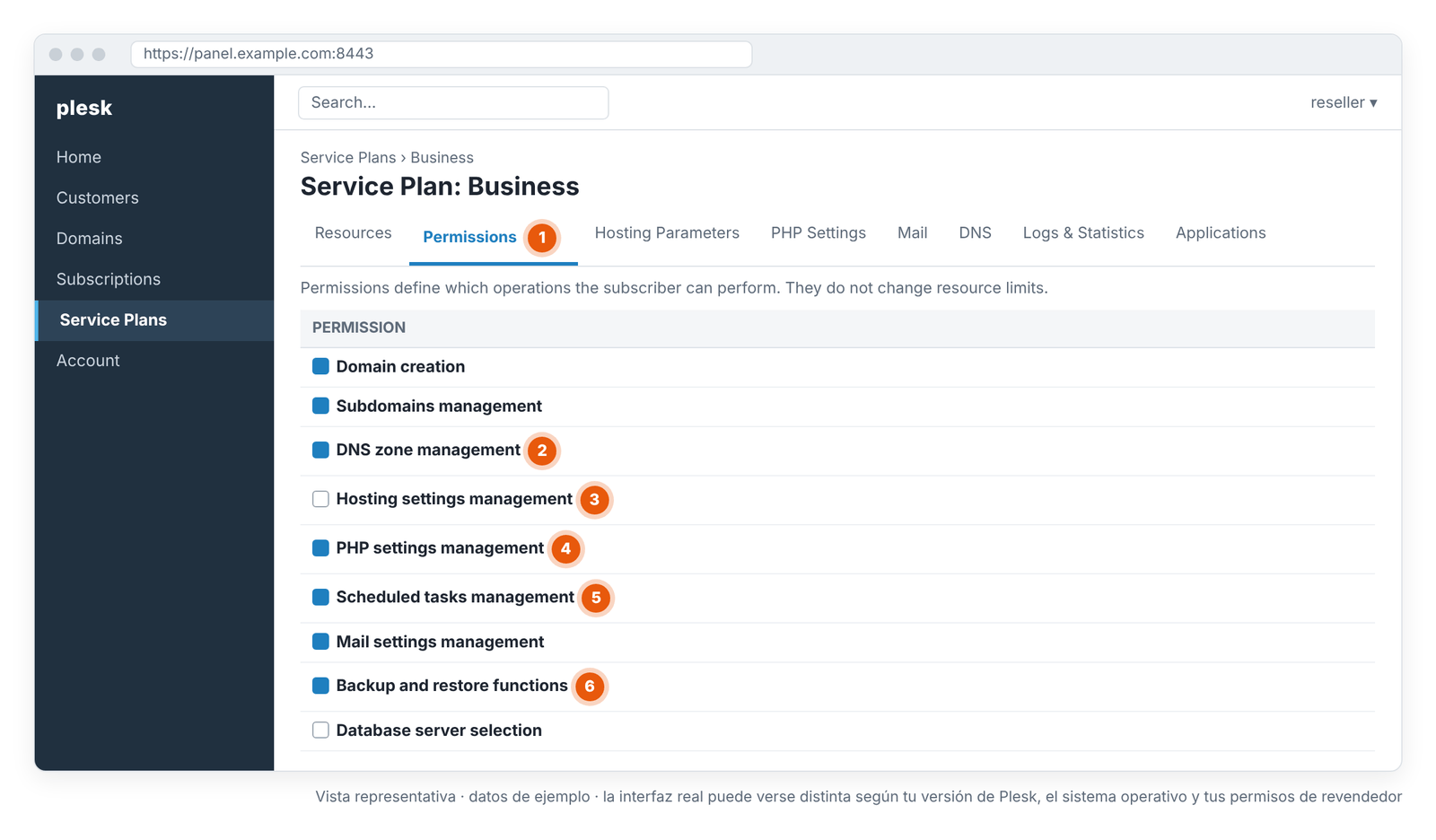 Pantalla 3 – Service Plan › Permissions: las funciones que puede usar el cliente (vista representativa).