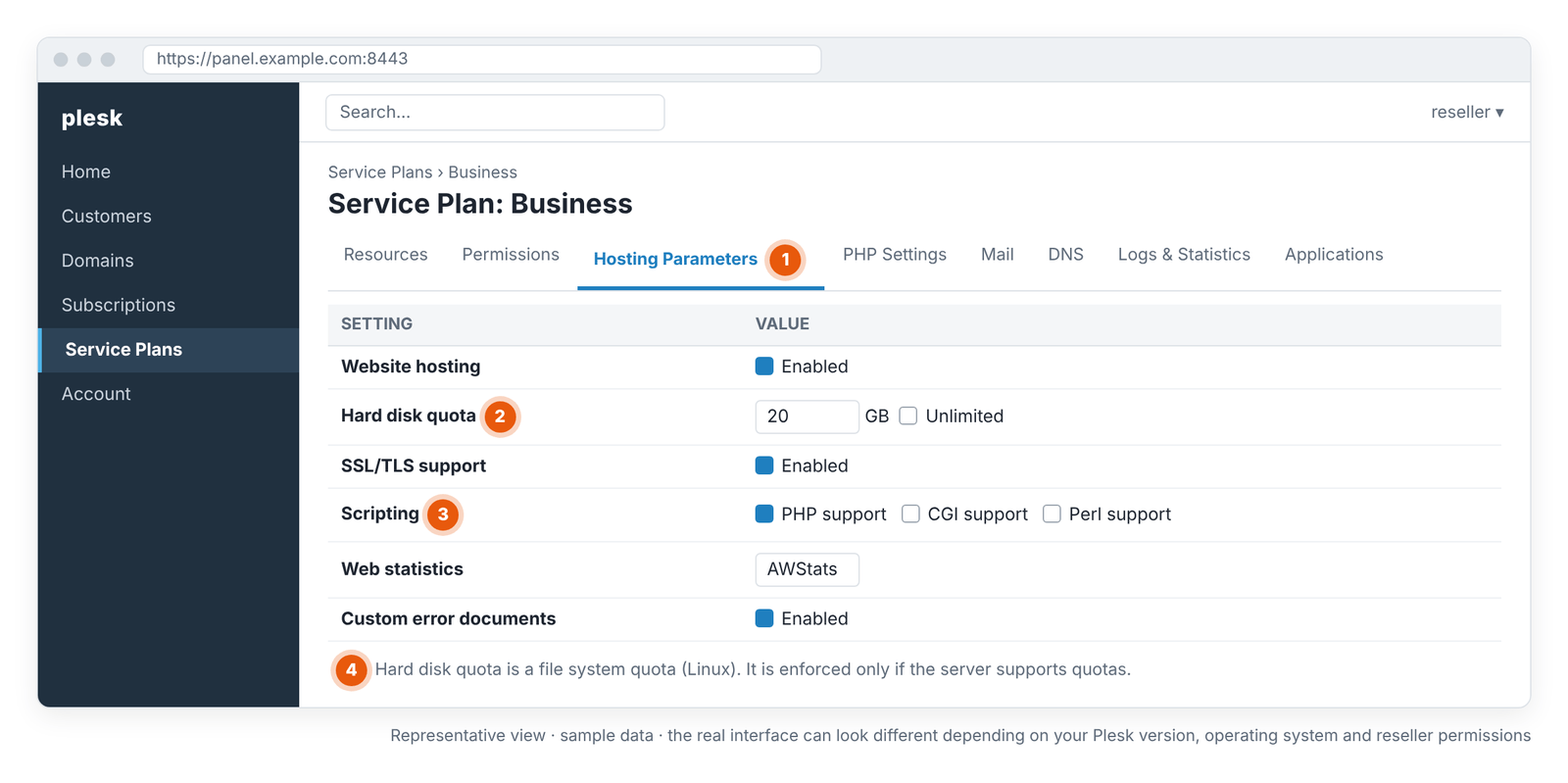 Screen 4 – Service Plan › Hosting Parameters: hard disk quota and hosting features (representative view).