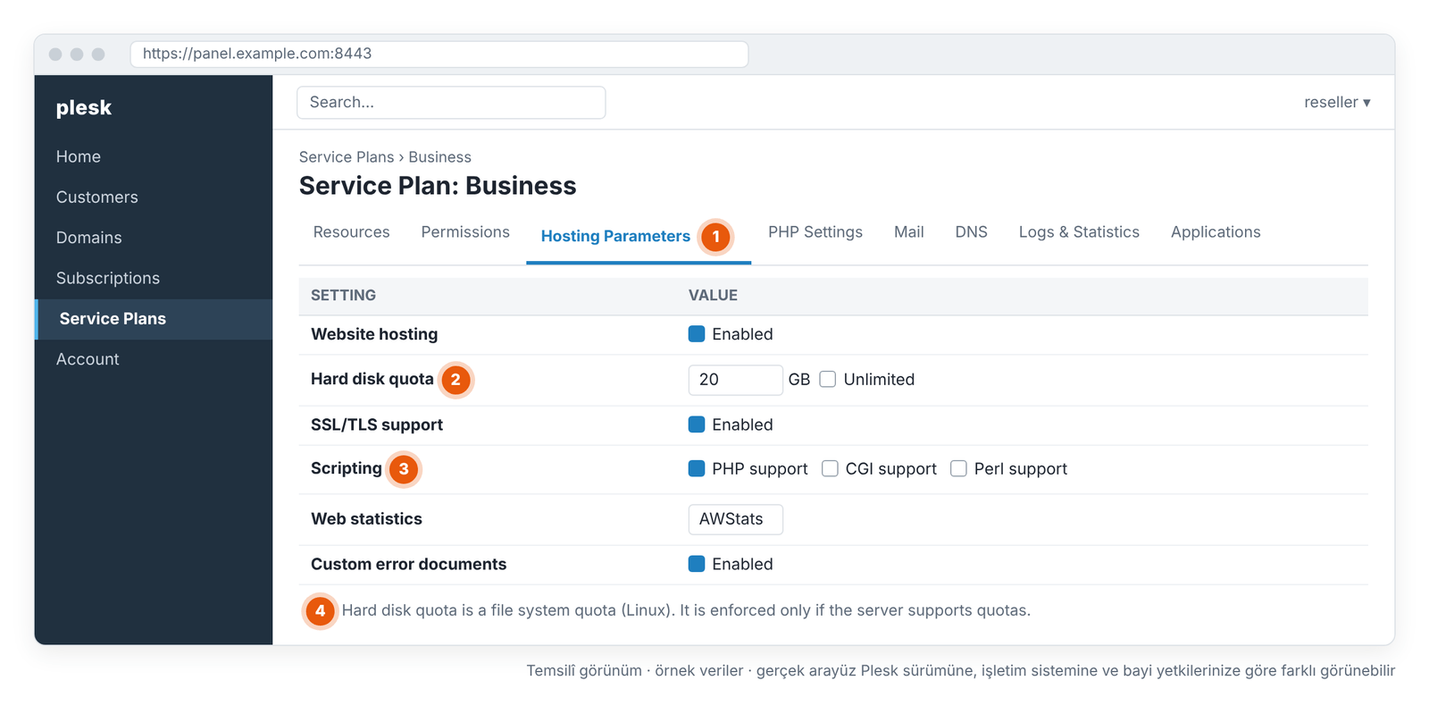 Ekran 4 – Service Plan › Hosting Parameters: hard disk quota ve barındırma özellikleri (temsilî görünüm).