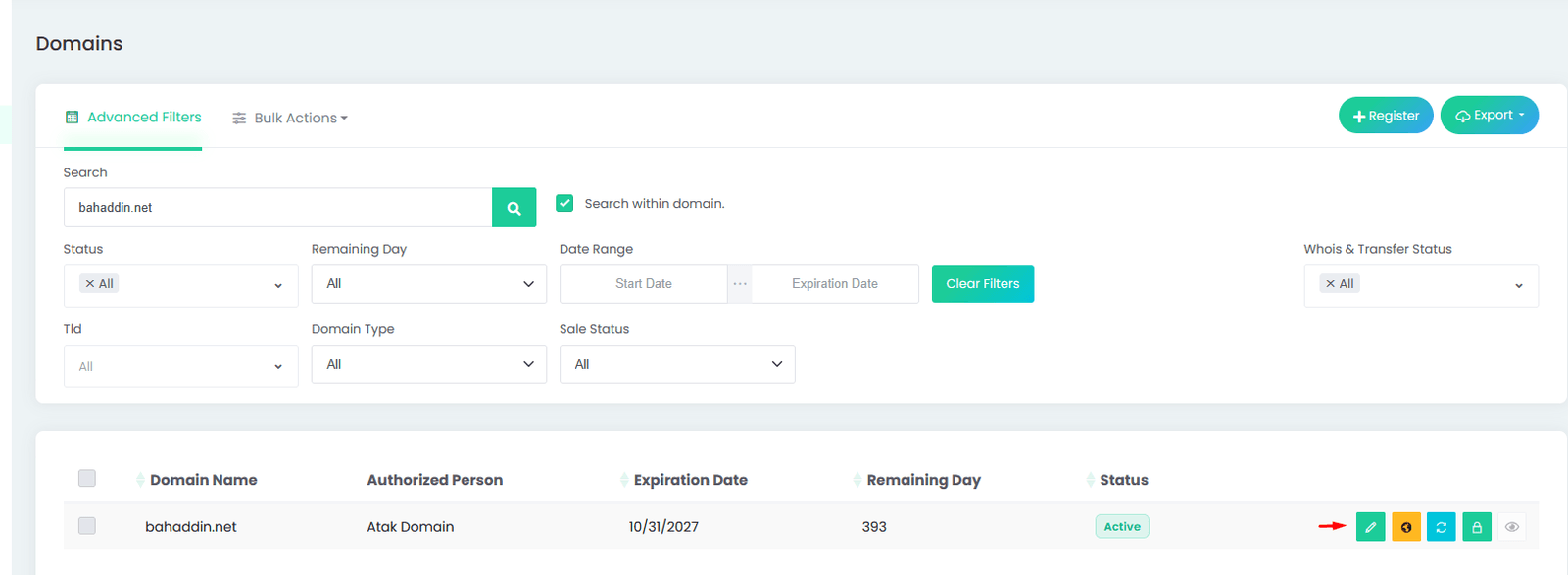 Figure 2 – Domains: search for your domain and click the pencil (edit) icon.