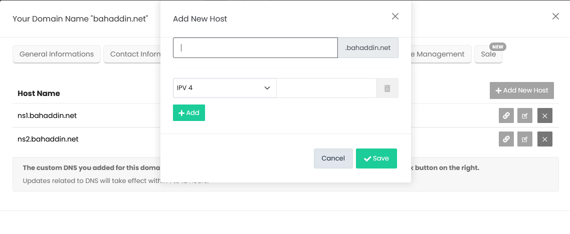 Figure 4 – Add New Host: enter only the prefix (ns1) and the IPv4 address, then click Save.