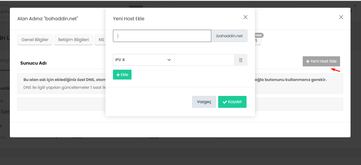 Görsel 4 – Yeni Host Ekle: yalnızca ön eki (ns1) ve IPv4 adresini girip Kaydet'e tıklayın.