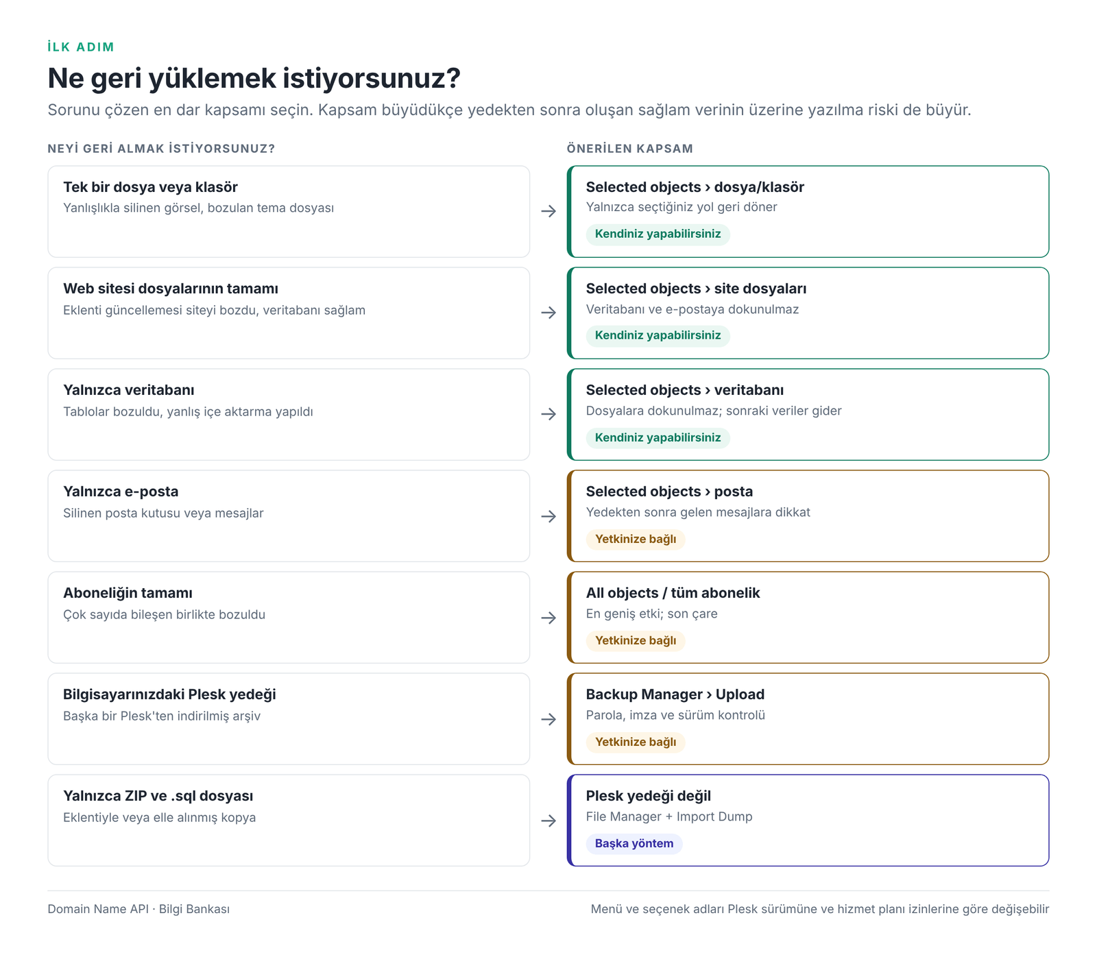 Görsel 1 – Ne geri yüklemek istiyorsunuz? Duruma göre önerilen geri yükleme kapsamı.