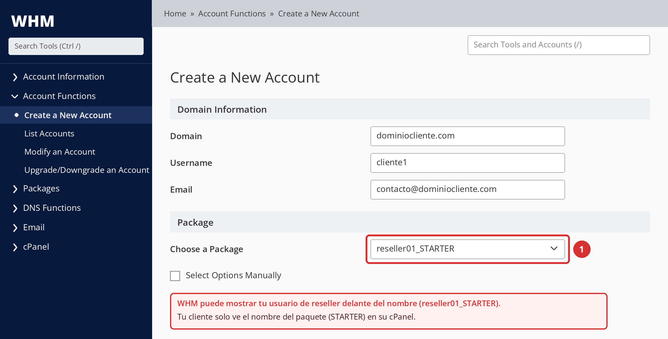 Figura 6 – Selección del paquete en Create a New Account. El dominio y los datos del usuario son de ejemplo; pantalla ilustrativa.