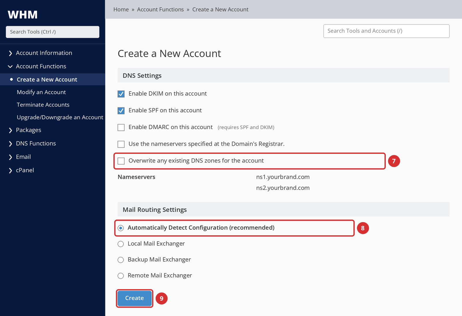 Figure 5 – DNS Settings: the Overwrite option (7); Mail Routing: the recommended option (8); the Create button (9). Illustrative screen.