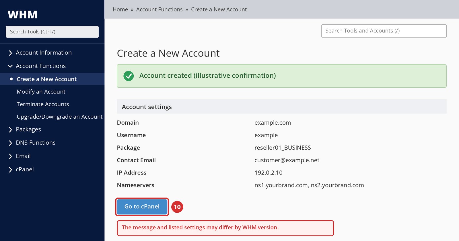 Figure 6 – Account creation confirmation and the Go to cPanel button (10). The message text and listed settings may differ by version; illustrative screen.