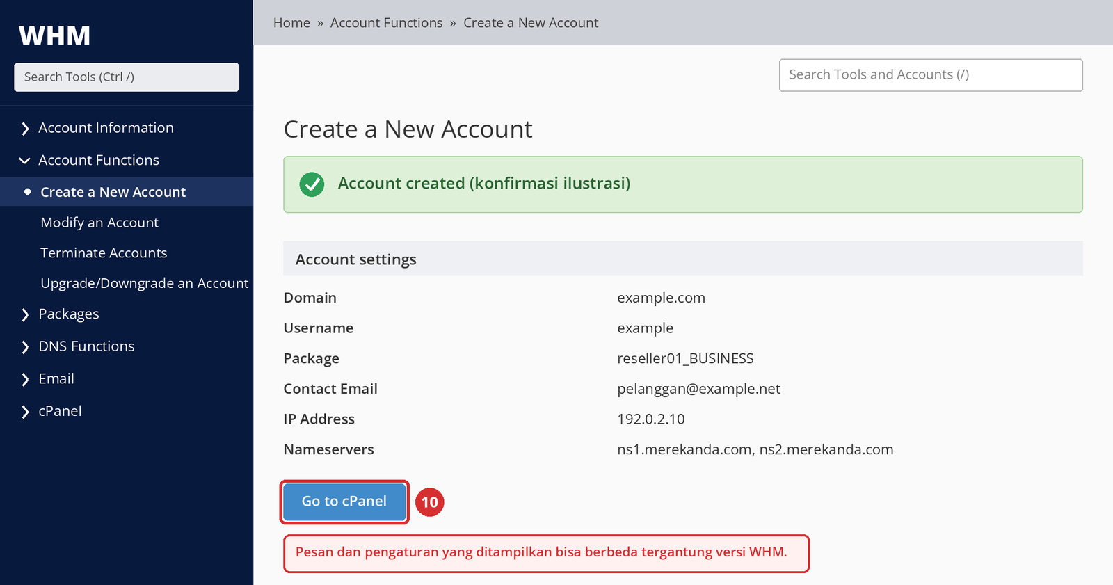 Gambar 6 – Konfirmasi pembuatan akun dan tombol Go to cPanel (10). Teks pesan dan pengaturan yang ditampilkan bisa berbeda tergantung versi; tampilan ilustrasi.