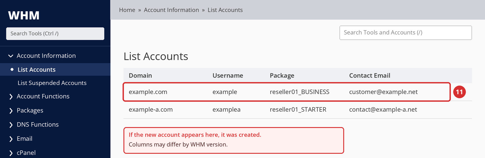 Figure 7 – The new account in List Accounts (11). Columns may differ by WHM version; illustrative screen.
