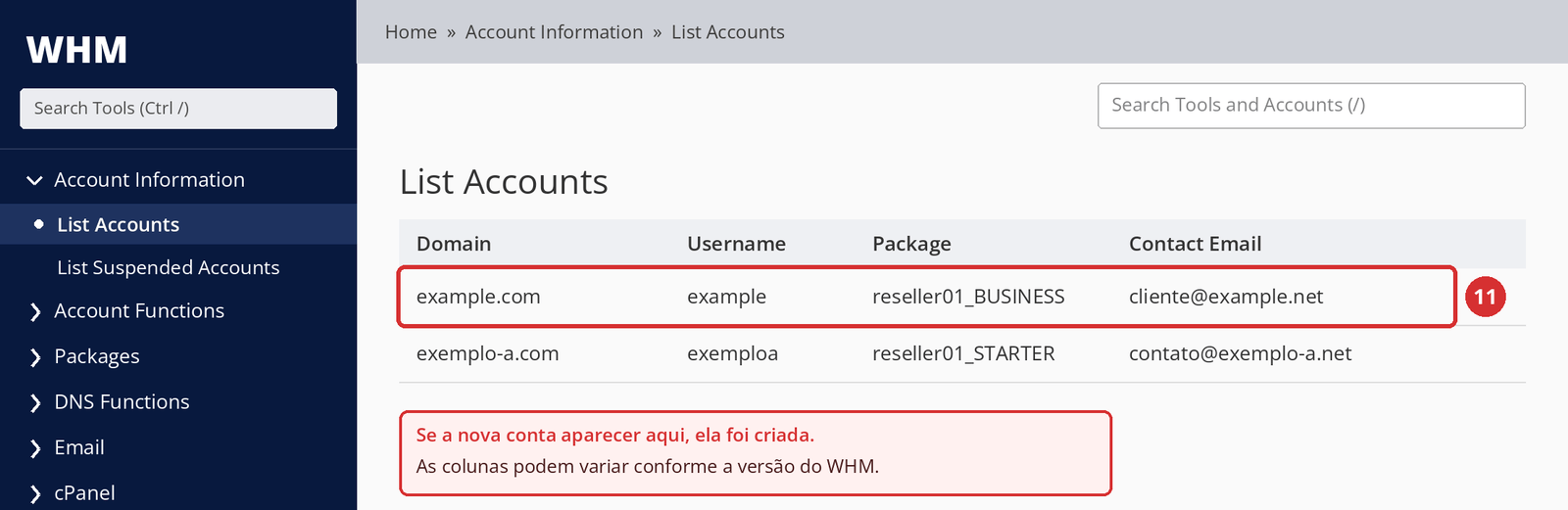 Figura 7 – A nova conta em List Accounts (11). As colunas podem variar conforme a versão do WHM; tela ilustrativa.